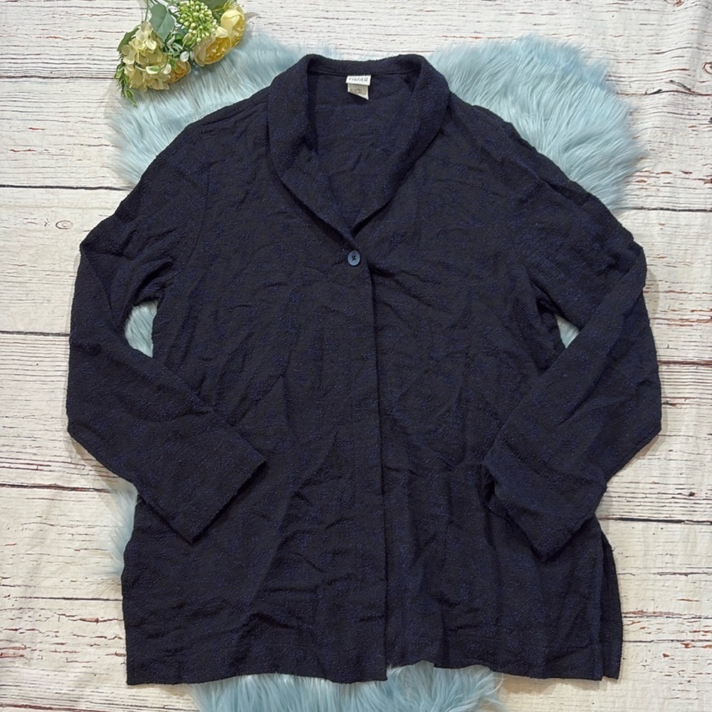 Eileen Fisher Wool Blend Blue Textured Cardigan Top sz M
